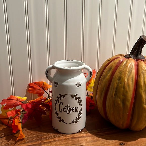 🍁Clearance- Farmhouse Fall Gather Ceramic Milk Jug Vase-Like New - Picture 1 of 13